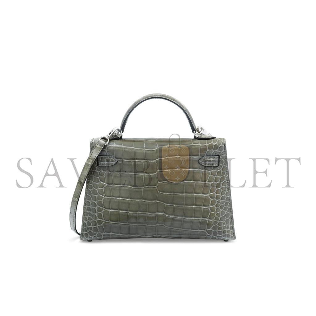 HERMÈS MASTER MINI KELLY II GLOSSY CROCODILE TURTLEDOVE GRAY SILVER BUCKLE (19*12*5.5cm) 